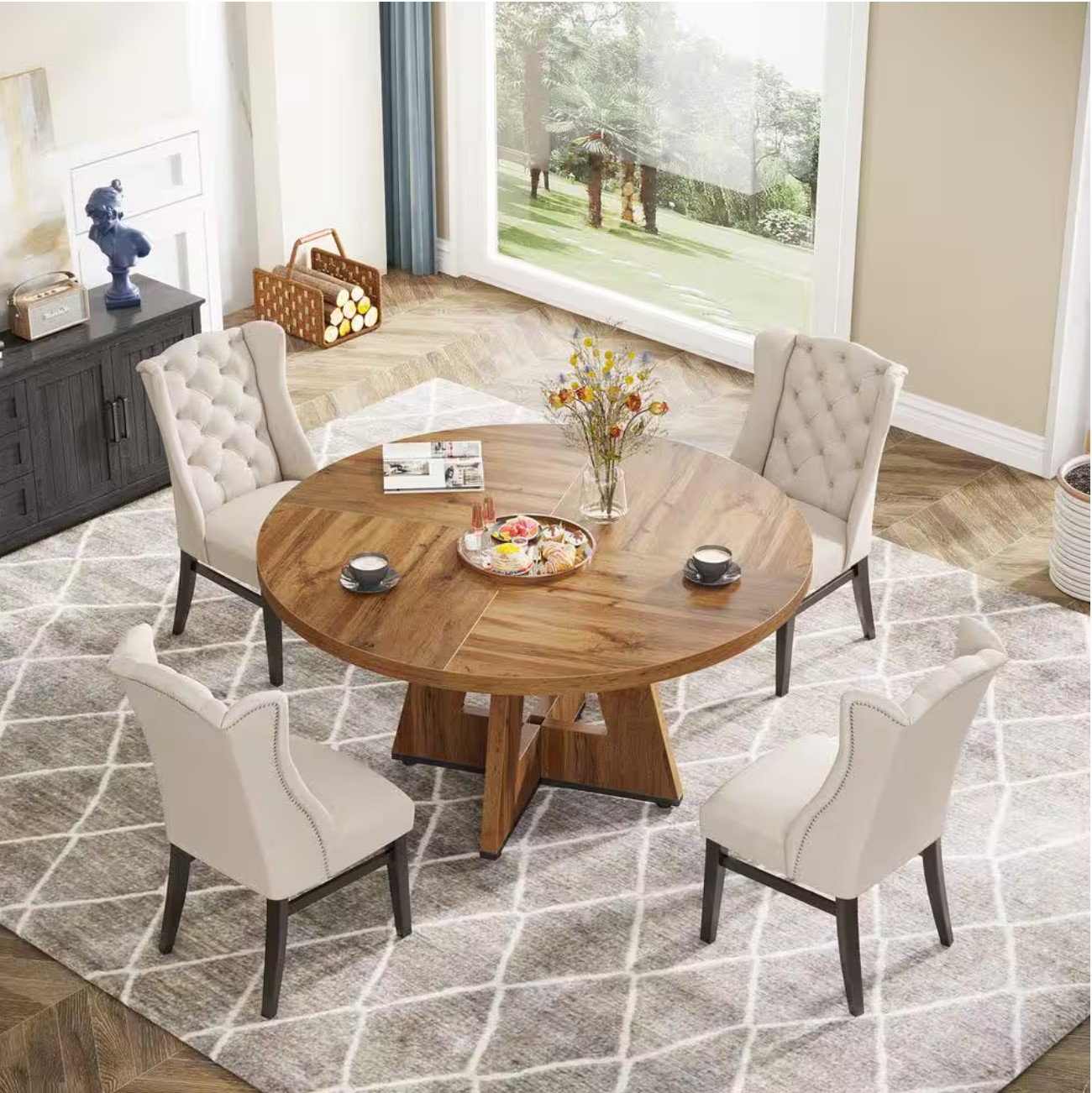 Roessler Farmhouse Oak Wood 47 in. W Pedestal Round Dining Table without Chairs, Kitchen Dining Table Seats 4
